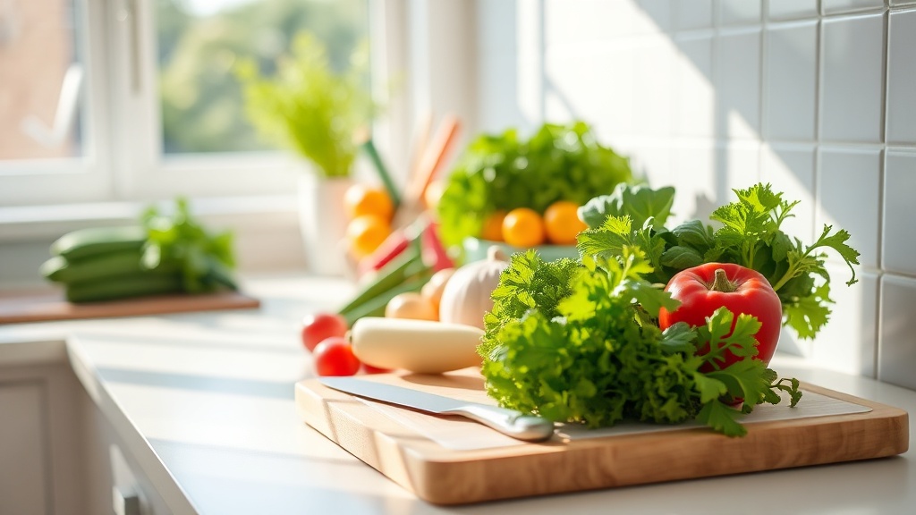 A clean kitchen countertop with fresh vegetables and a cutting board, symbolizing easy meal prep.