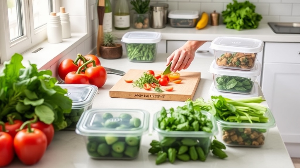 A person meal prepping in a bright kitchen with fresh ingredients and organized tools