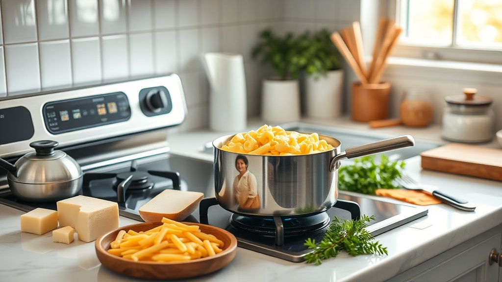 Cozy kitchen with creamy mac and cheese on the stove and fresh ingredients on the countertop