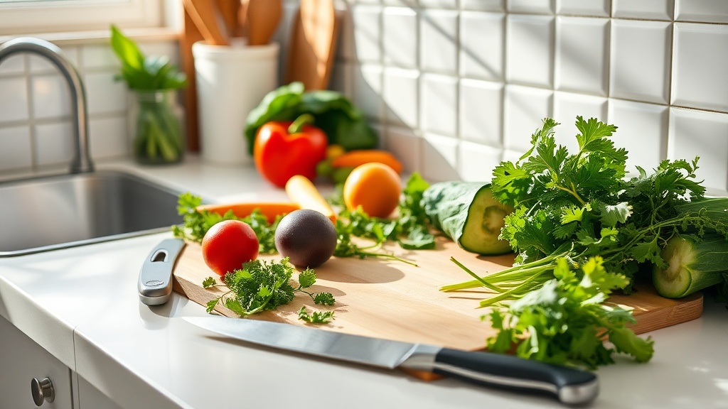 Organized kitchen countertop with fresh vegetables and a cutting board