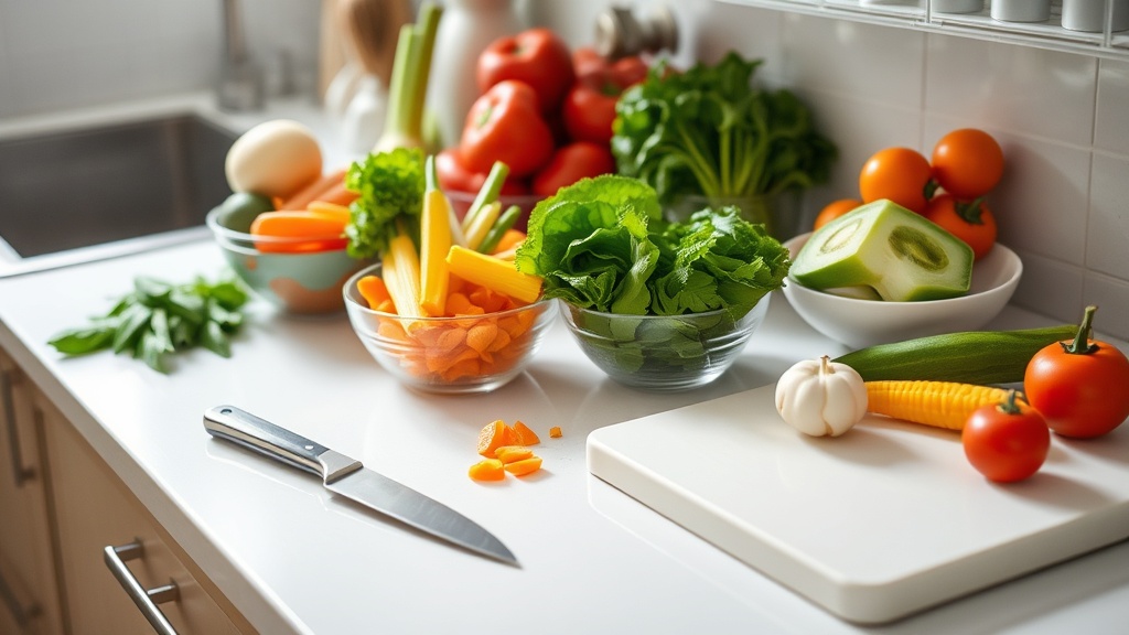 Organized kitchen countertop with fresh vegetables for meal prep