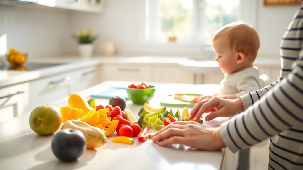 Parent preparing healthy finger foods for baby in a bright kitchen