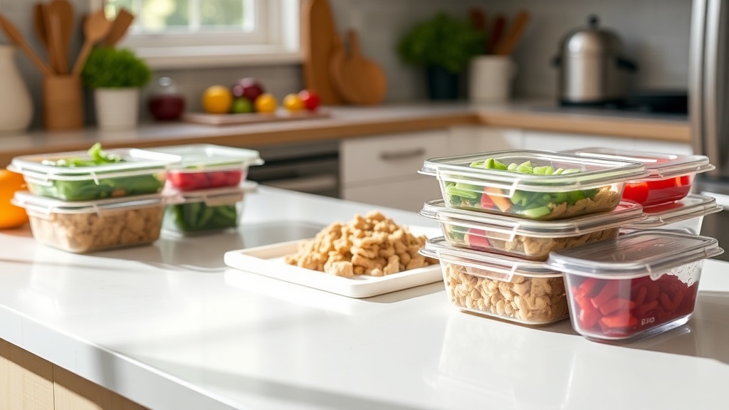 Bright kitchen with ground chicken and fresh ingredients for meal prep