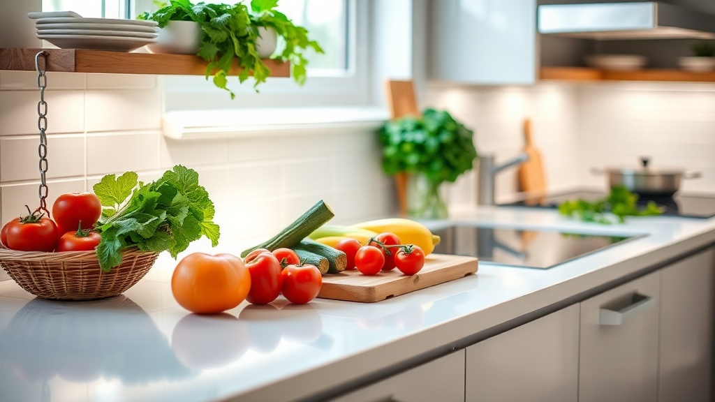 Organized kitchen countertop with fresh ingredients for meal prep