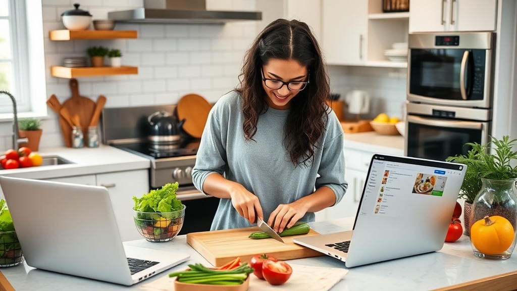 College student meal prepping in a modern kitchen