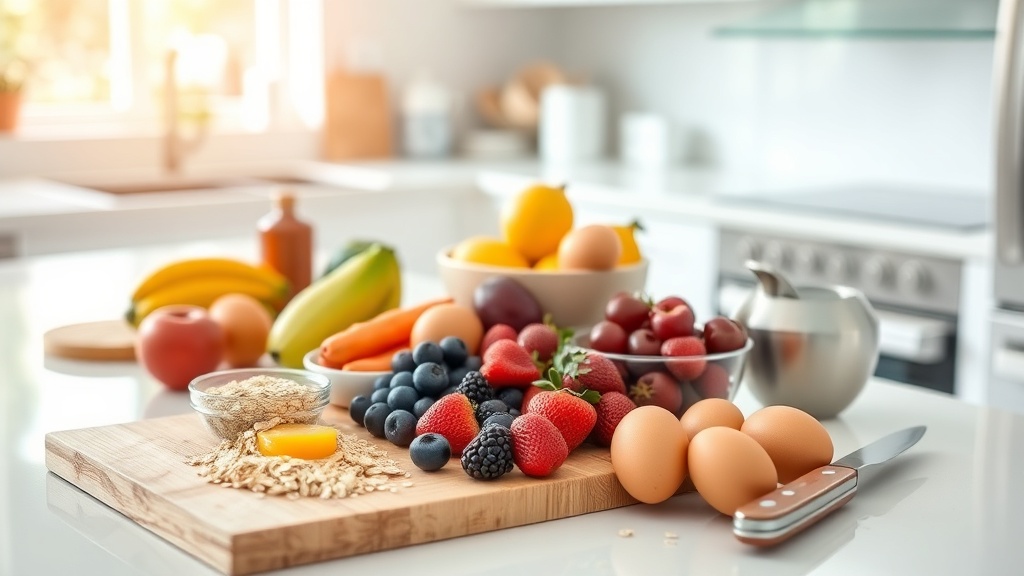 Modern kitchen countertop with fresh ingredients for a healthy breakfast
