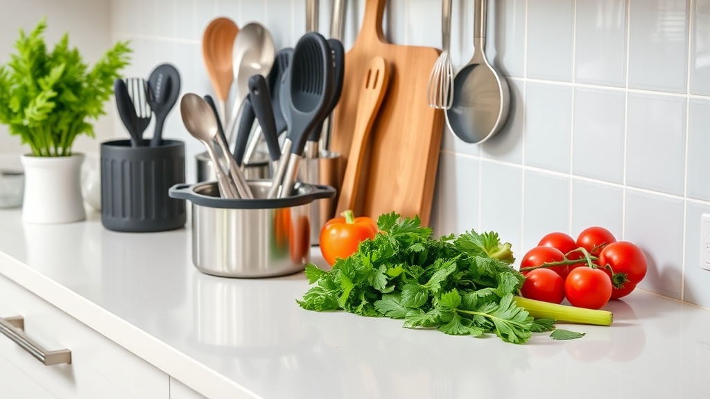Organized kitchen countertop with fresh ingredients and modern tools