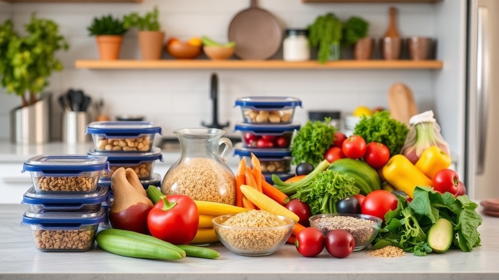 Organized kitchen countertop with fresh ingredients for meal prep