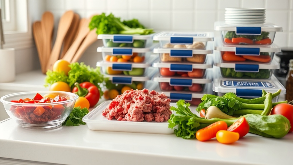 Clean kitchen prep surface with ground beef and fresh vegetables