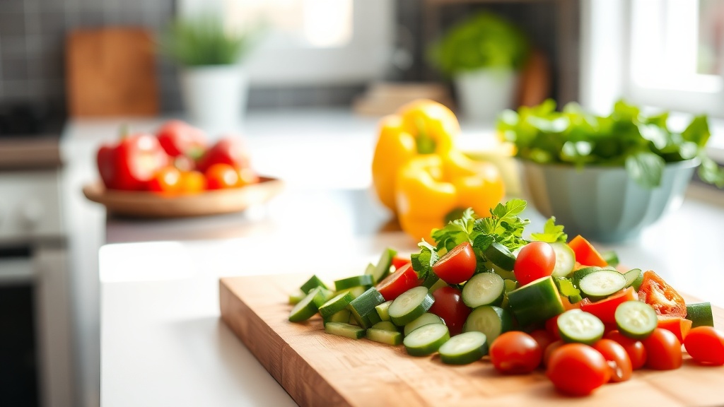 A vibrant kitchen scene showcasing fresh vegetables and salad ingredients on a cutting board
