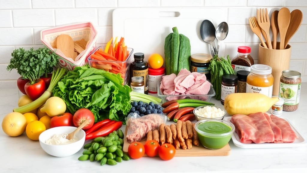 Organized kitchen countertop with keto meal prep ingredients