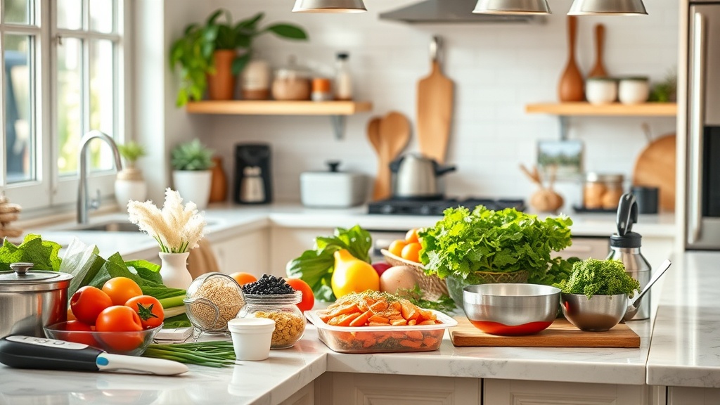 Organized kitchen countertop with meal prep ingredients and modern tools