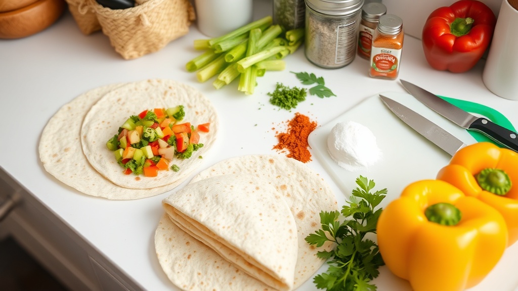Organized kitchen countertop with ingredients for breakfast burritos