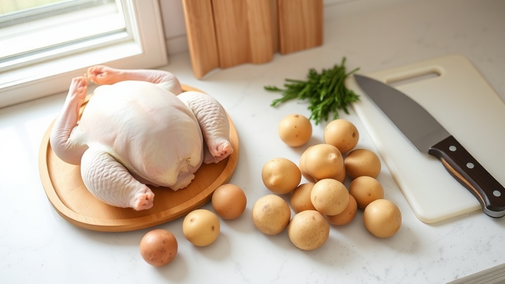 Organized kitchen countertop with chicken and potatoes for meal prep