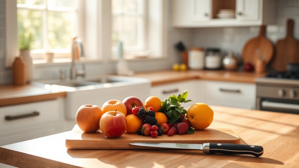 Bright kitchen with fresh fruits on a cutting board