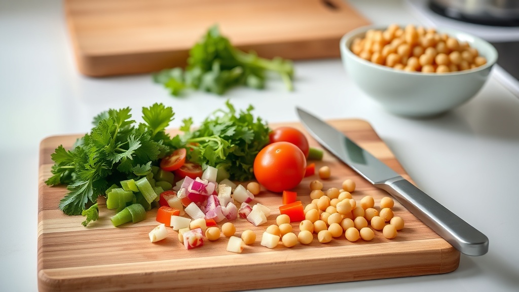 Fresh ingredients for chickpea salad on a wooden cutting board in a bright kitchen
