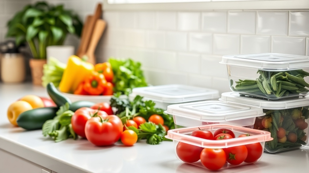 Organized kitchen countertop with fresh ingredients for meal prep