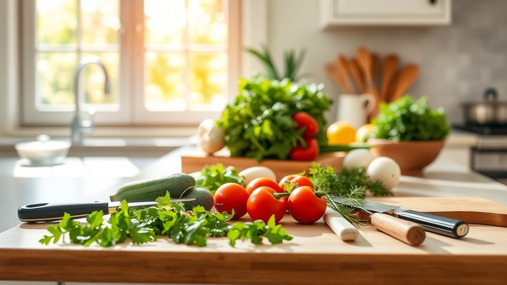 Bright kitchen with fresh ingredients and organized prep tools