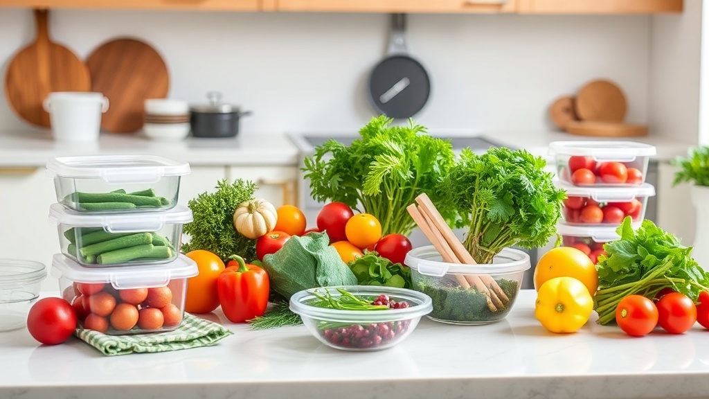Organized kitchen countertop with fresh ingredients for meal prep