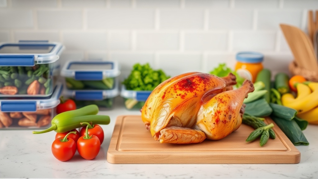 Organized kitchen countertop with rotisserie chicken and fresh vegetables