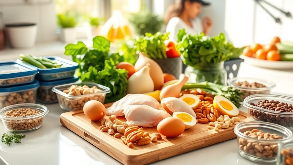 Bright kitchen with protein-rich meal prep ingredients