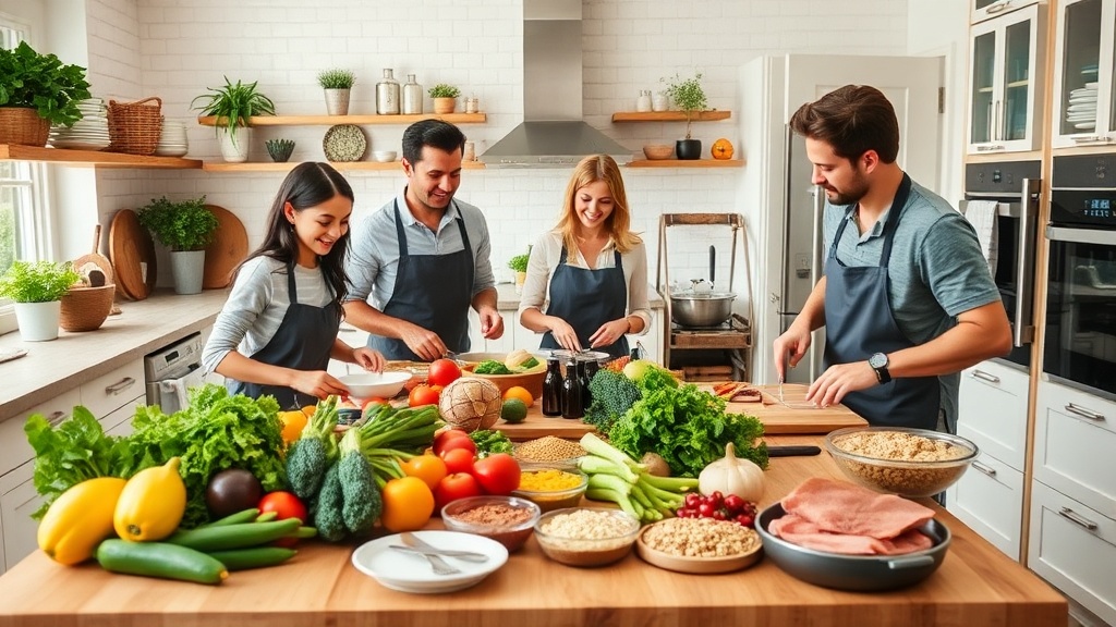 Family cooking together in a spacious kitchen with fresh ingredients