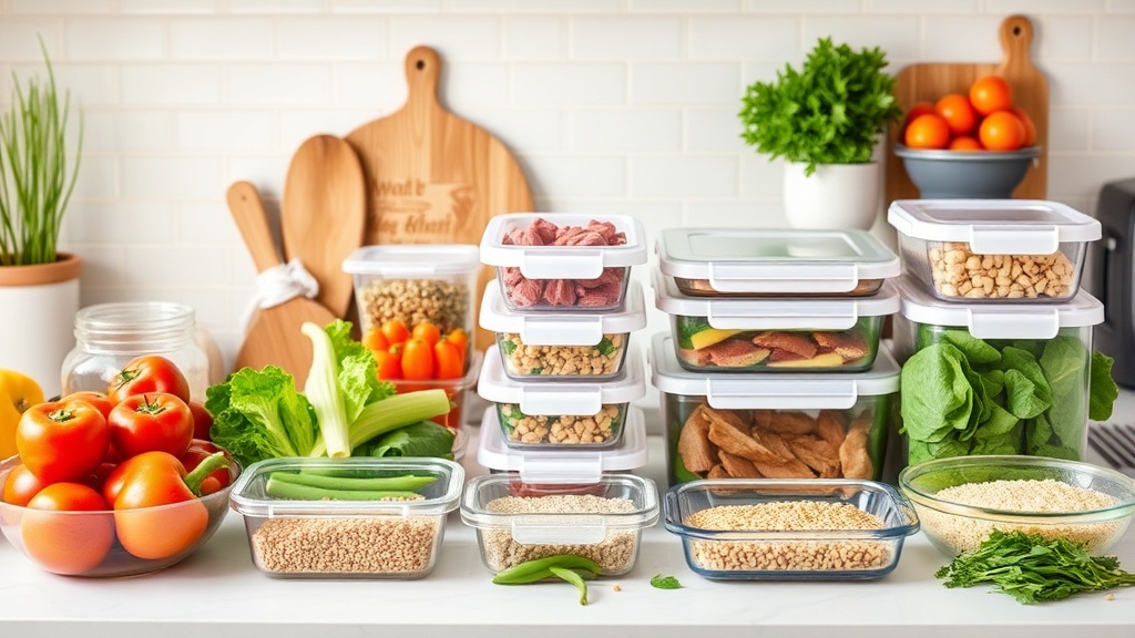 Organized kitchen countertop with fresh meal prep ingredients