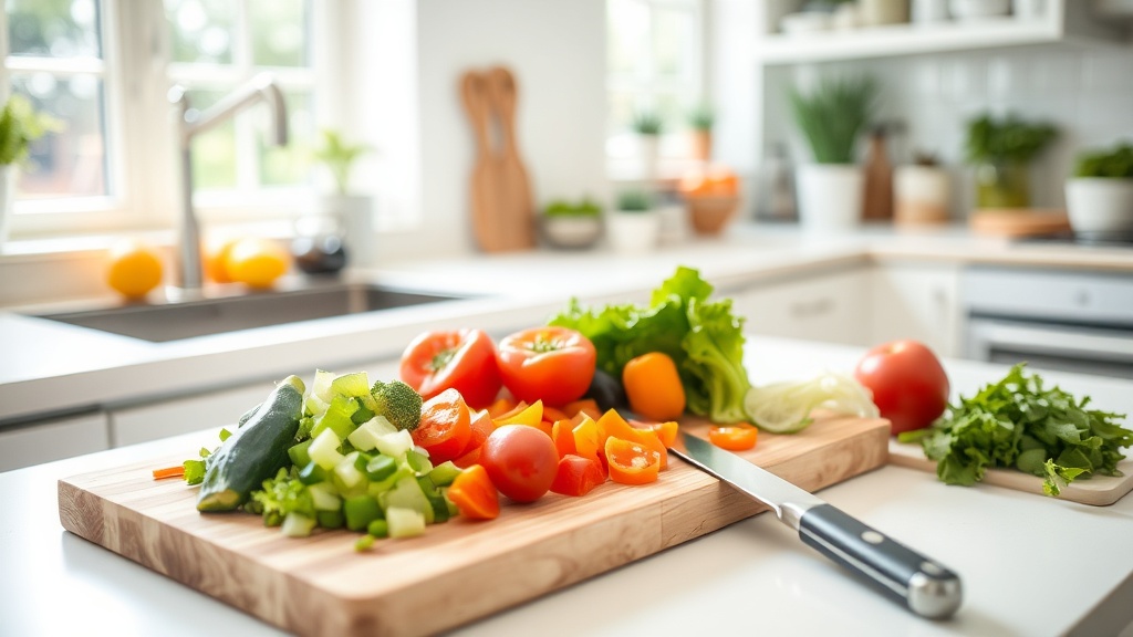 Colorful vegetables on a cutting board in a bright kitchen