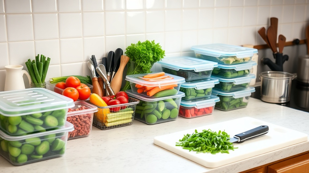 Organized kitchen countertop with meal prep ingredients