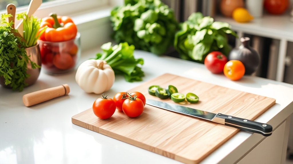 Clean kitchen countertop with fresh ingredients for meal prep