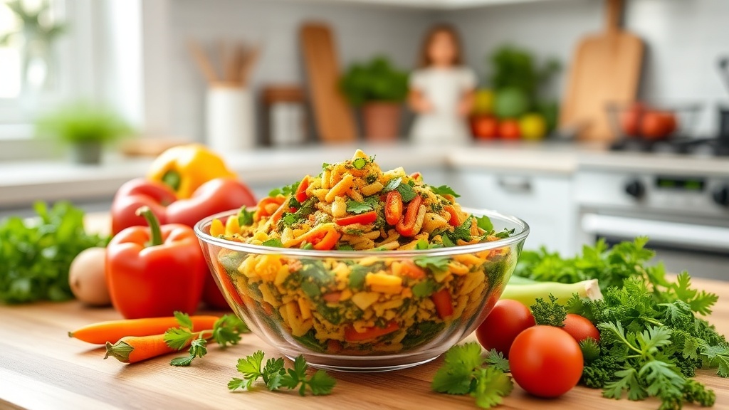 A colorful healthy meal in a bowl with fresh ingredients in a bright kitchen