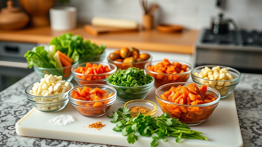 Organized meal prep ingredients for curry on a kitchen countertop