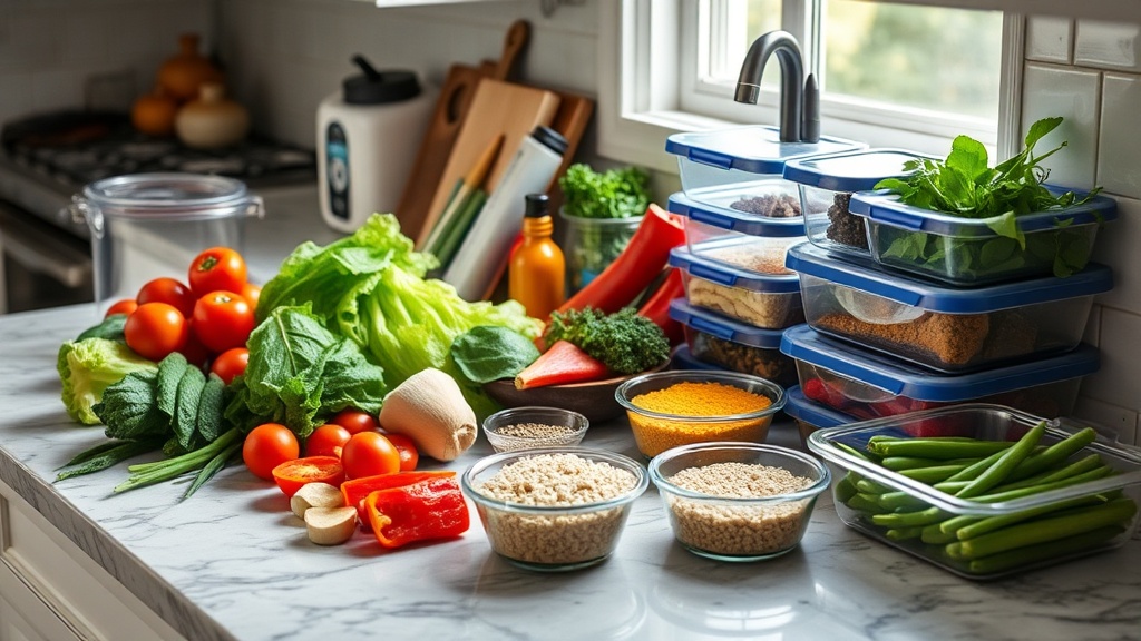 Organized kitchen countertop with fresh ingredients for meal prep