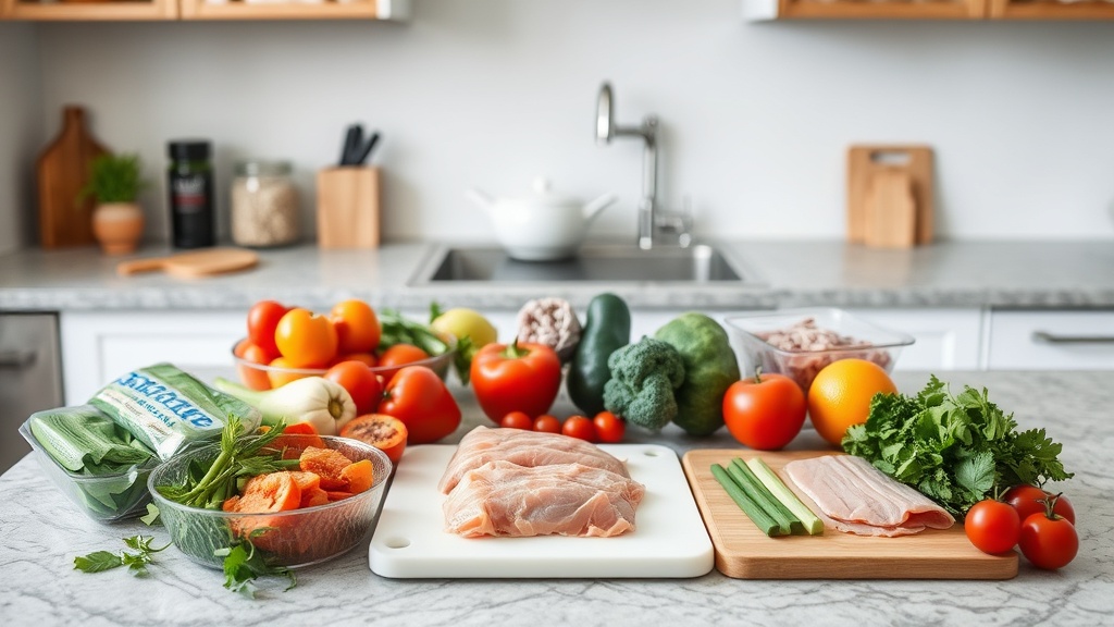 Organized kitchen countertop with fresh ingredients for meal prep