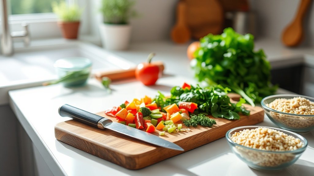 Colorful vegetables and quinoa on a cutting board in a bright kitchen