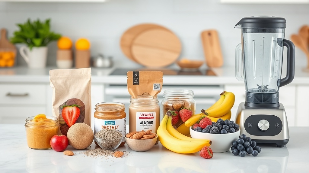 Bright kitchen with high-protein vegan breakfast ingredients on a clean countertop