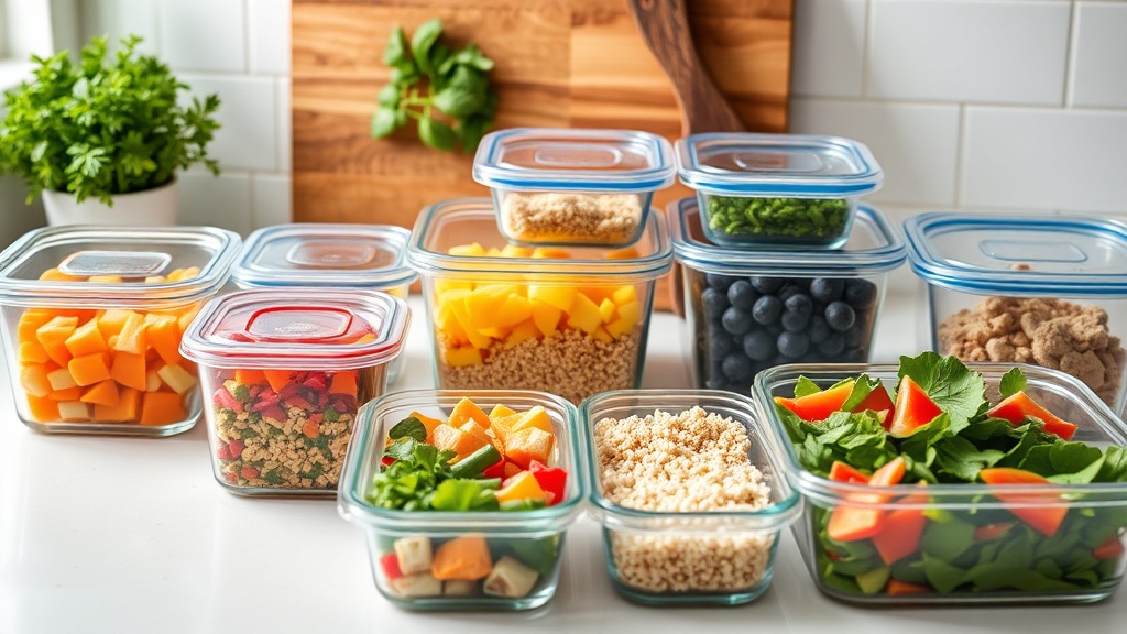 Colorful glass meal prep containers on a kitchen countertop
