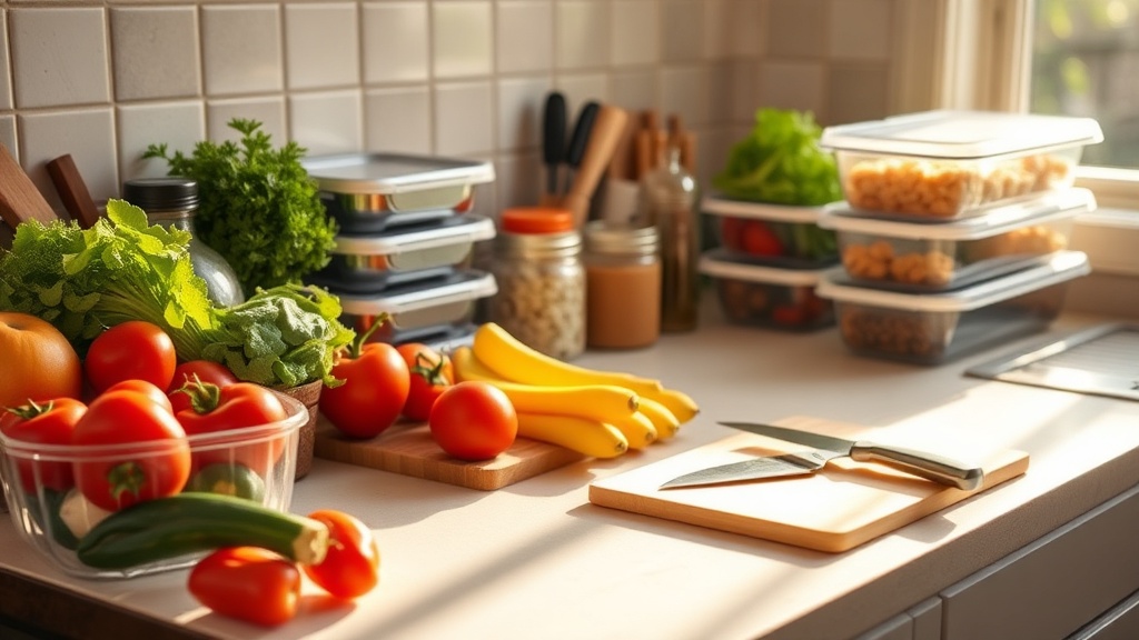 Organized kitchen countertop with fresh ingredients and meal prep tools