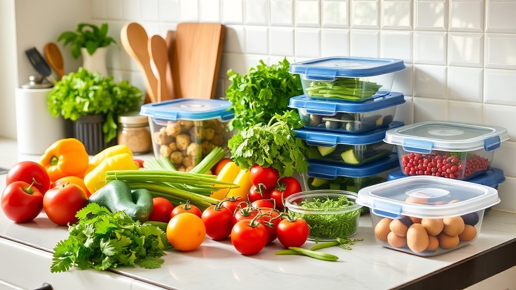 Organized kitchen countertop with fresh ingredients for meal prep