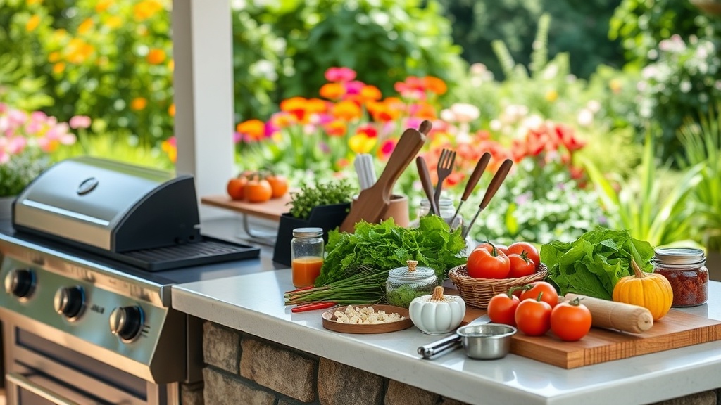 Organized BBQ prep station with fresh ingredients and grilling tools