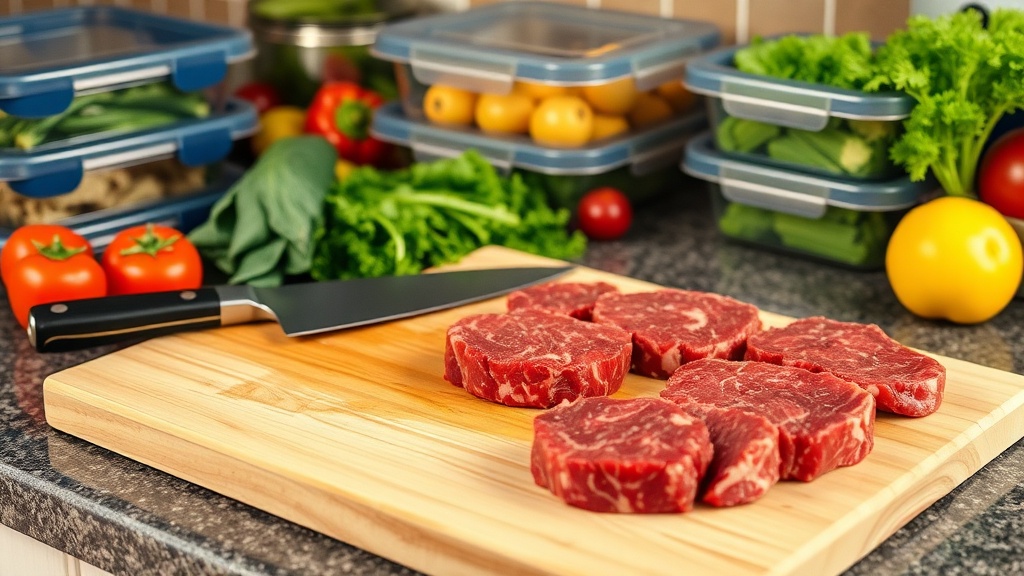 Organized kitchen countertop with steak and meal prep ingredients