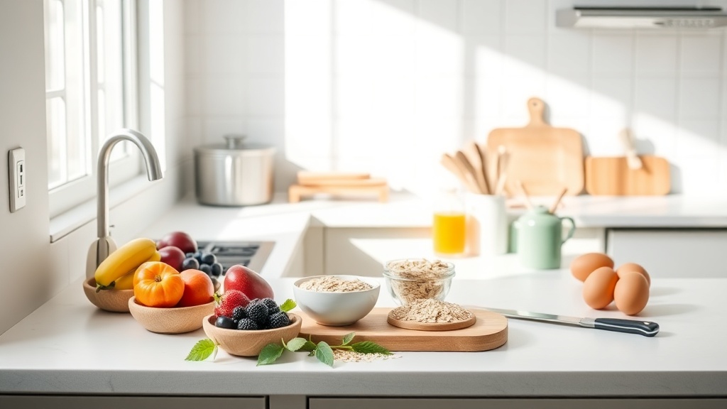 Organized kitchen countertop with healthy breakfast ingredients