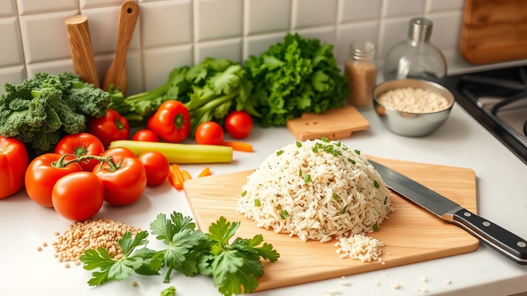 Organized kitchen countertop with fresh ingredients for meal prep