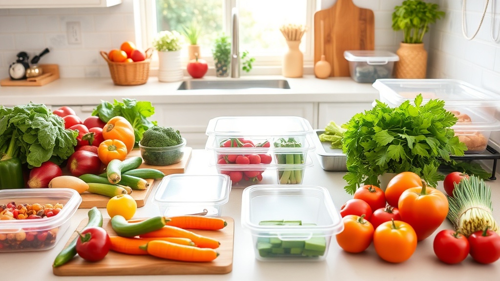 A vibrant kitchen setup for meal prepping with fresh ingredients and organized tools.
