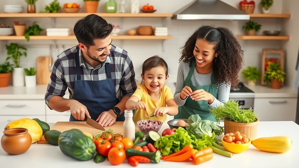 Parent and child preparing healthy meals in a bright kitchen