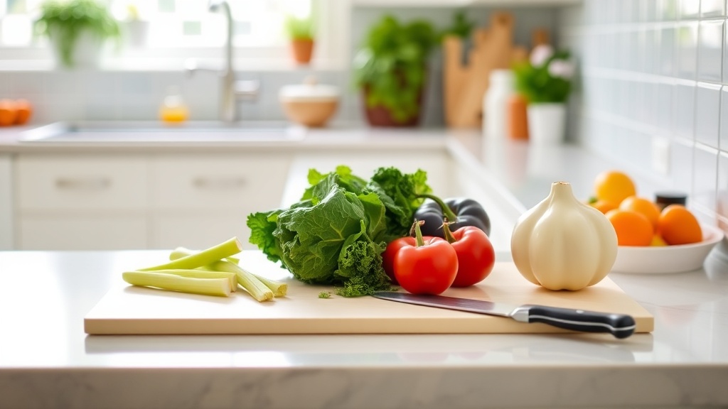 A clean kitchen countertop with fresh vegetables and a cutting board