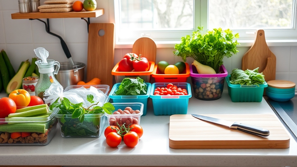 Organized kitchen countertop with fresh ingredients and prep tools