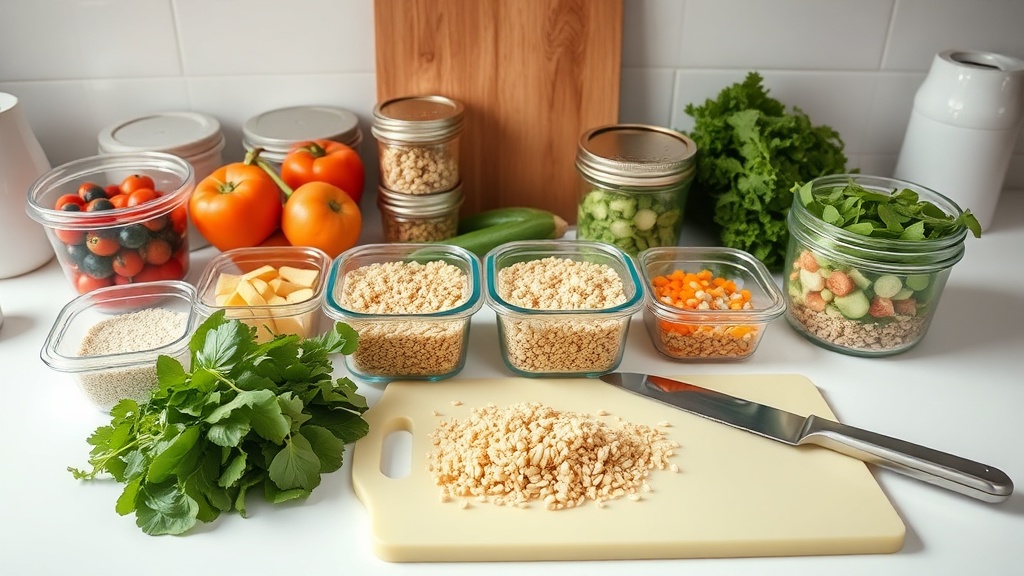 Organized kitchen countertop with fresh salad ingredients for meal prepping