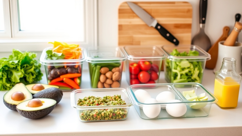 Organized kitchen countertop with keto breakfast meal prep ingredients