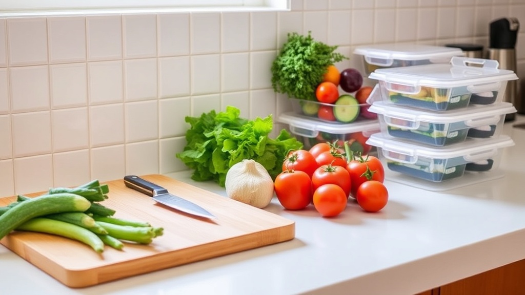 Organized kitchen countertop with fresh ingredients for meal prep